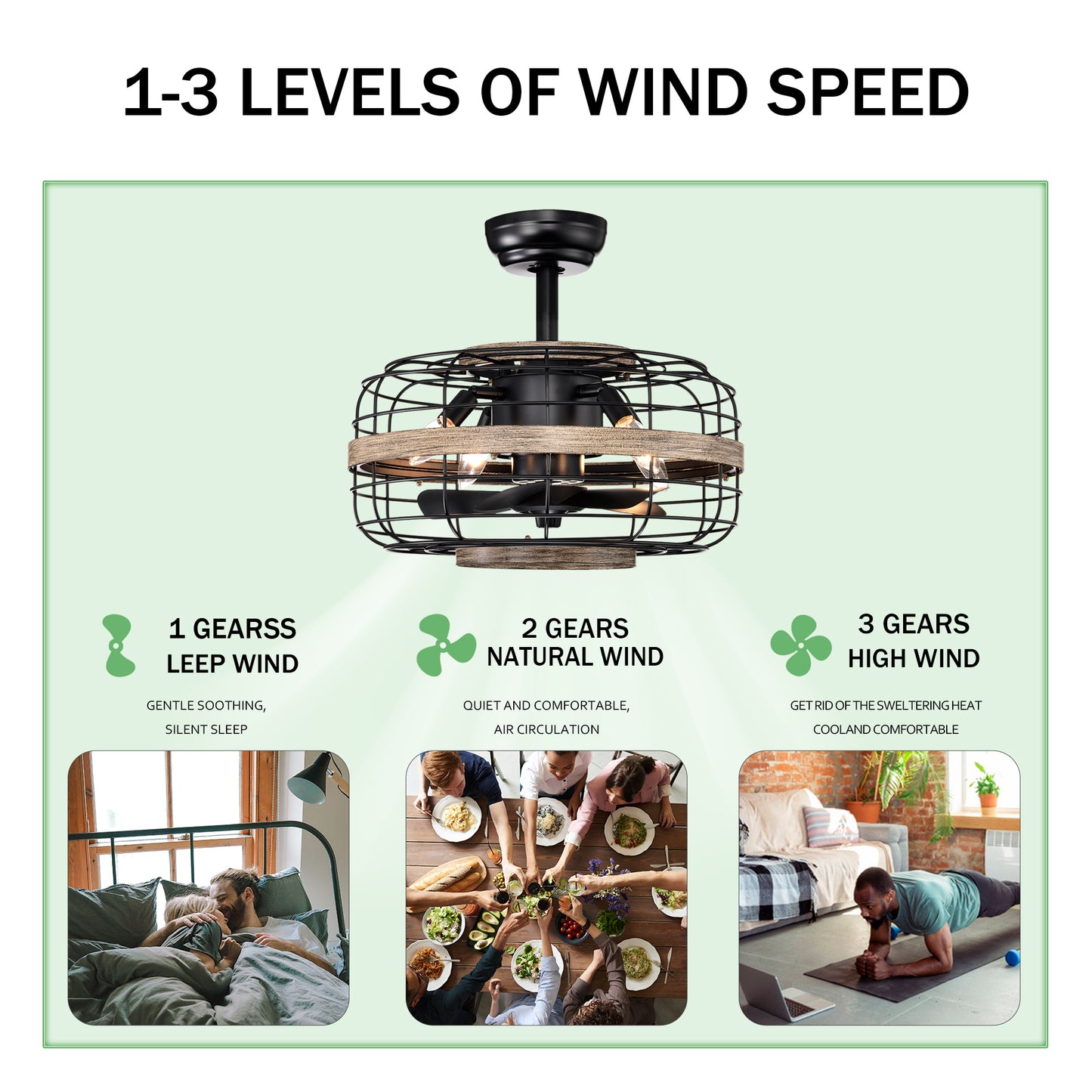 18'' Farmhouse Ceiling Fans Light - Caged Ceiling Fan with Remote Control (3-Speeds Adjustable), Wood Rustic Enclosed Reversible Ceiling Fans for Bedroom , Living Room, Kitchen.
