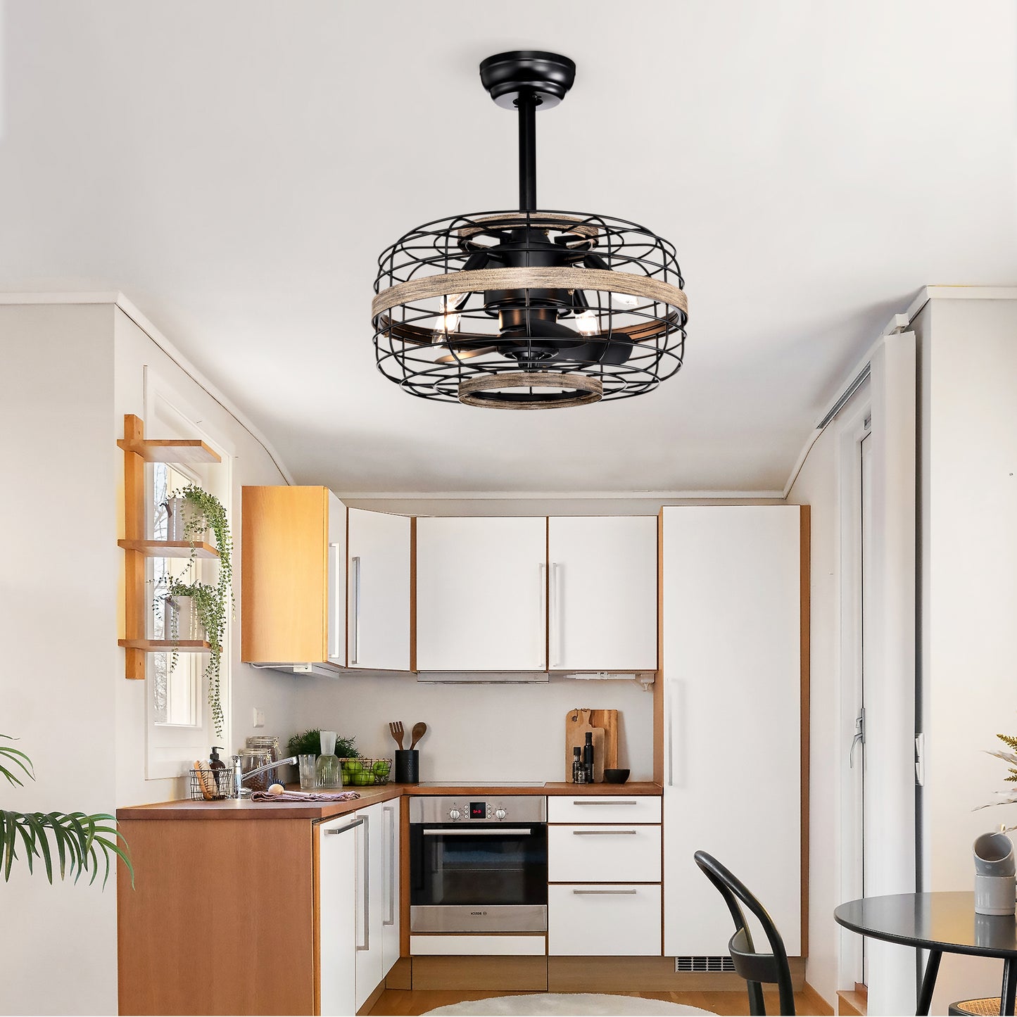 18'' Farmhouse Ceiling Fans Light - Caged Ceiling Fan with Remote Control (3-Speeds Adjustable), Wood Rustic Enclosed Reversible Ceiling Fans for Bedroom , Living Room, Kitchen.