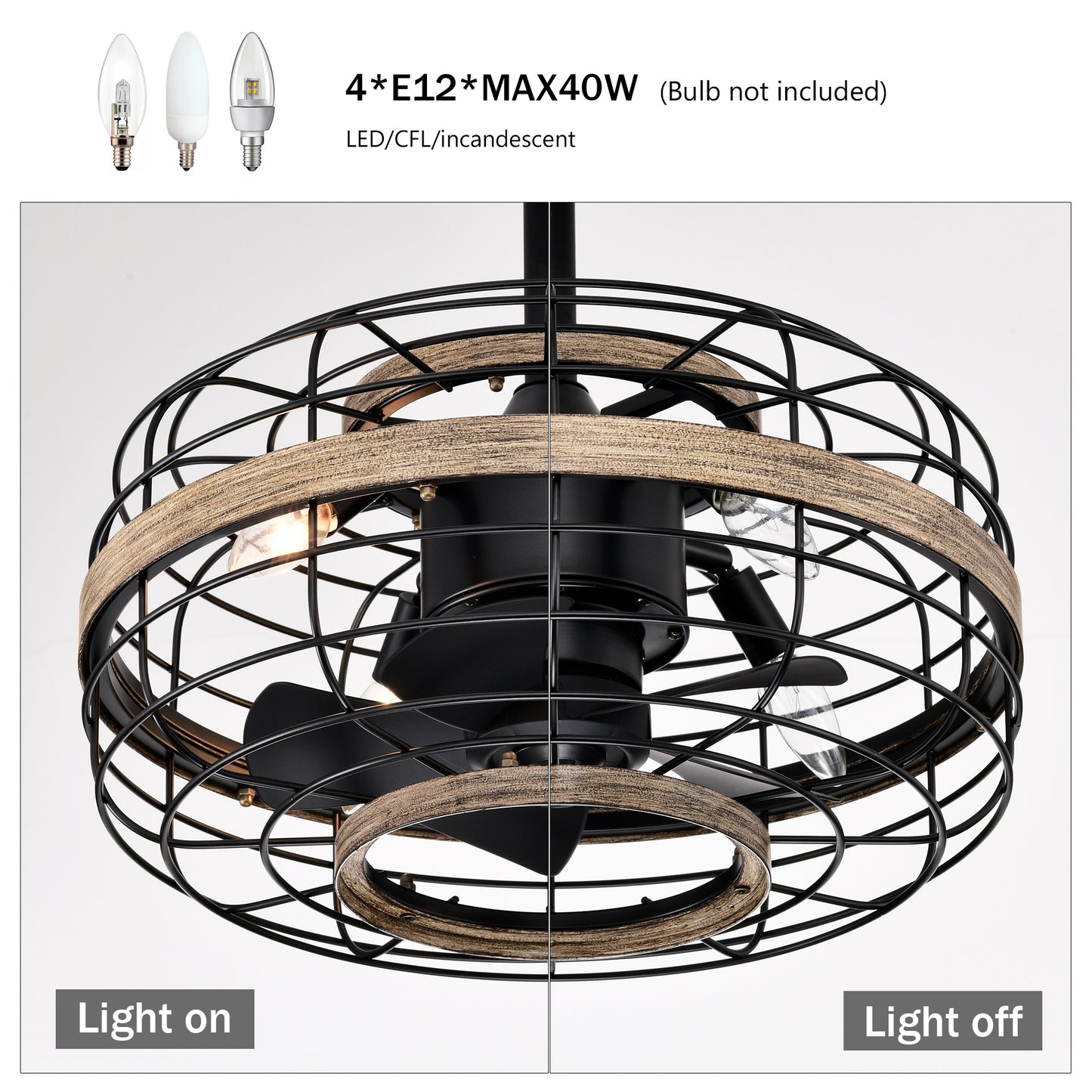 18'' Farmhouse Ceiling Fans Light - Caged Ceiling Fan with Remote Control (3-Speeds Adjustable), Wood Rustic Enclosed Reversible Ceiling Fans for Bedroom , Living Room, Kitchen.