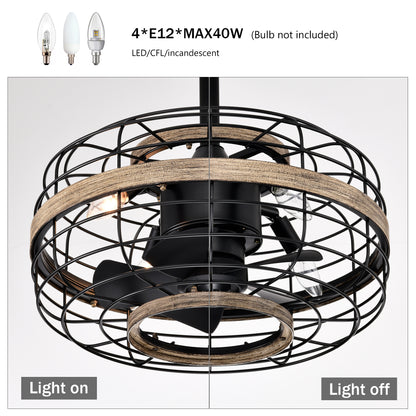 18'' Farmhouse Ceiling Fans Light - Caged Ceiling Fan with Remote Control (3-Speeds Adjustable), Wood Rustic Enclosed Reversible Ceiling Fans for Bedroom , Living Room, Kitchen.