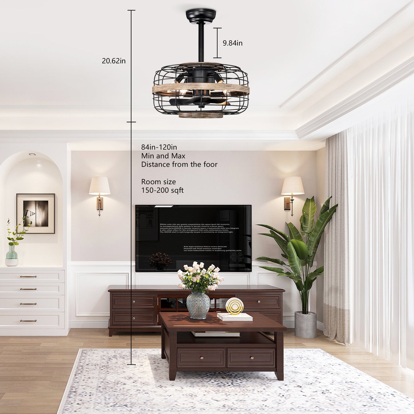 18'' Farmhouse Ceiling Fans Light - Caged Ceiling Fan with Remote Control (3-Speeds Adjustable), Wood Rustic Enclosed Reversible Ceiling Fans for Bedroom , Living Room, Kitchen.