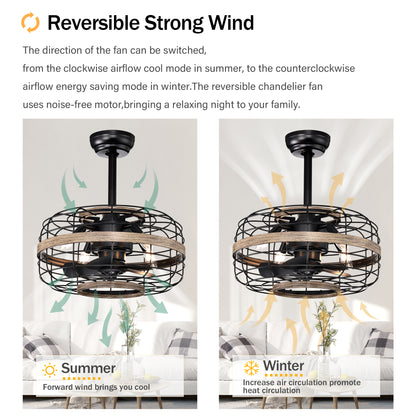 18'' Farmhouse Ceiling Fans Light - Caged Ceiling Fan with Remote Control (3-Speeds Adjustable), Wood Rustic Enclosed Reversible Ceiling Fans for Bedroom , Living Room, Kitchen.