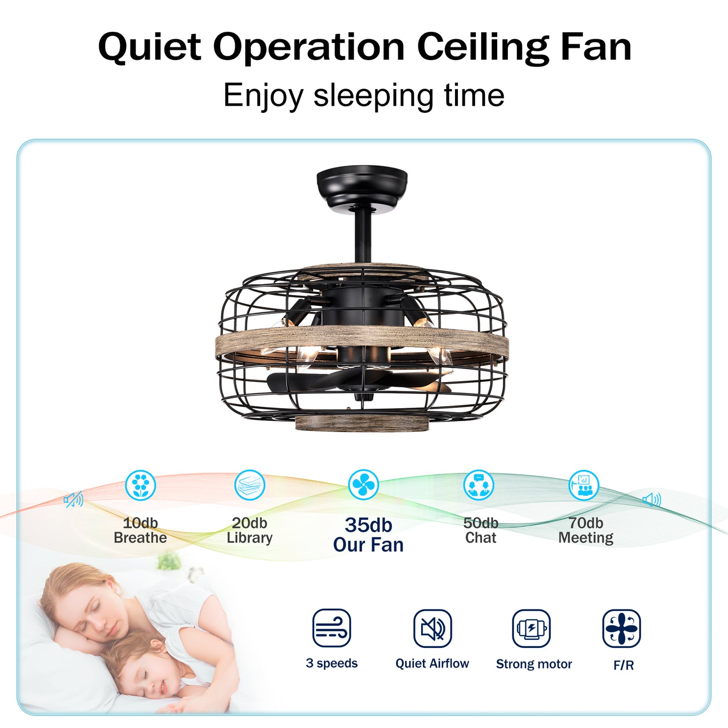 18'' Farmhouse Ceiling Fans Light - Caged Ceiling Fan with Remote Control (3-Speeds Adjustable), Wood Rustic Enclosed Reversible Ceiling Fans for Bedroom , Living Room, Kitchen.