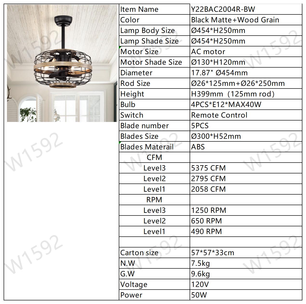 18'' Farmhouse Ceiling Fans Light - Caged Ceiling Fan with Remote Control (3-Speeds Adjustable), Wood Rustic Enclosed Reversible Ceiling Fans for Bedroom , Living Room, Kitchen.