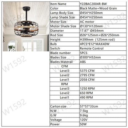 18'' Farmhouse Ceiling Fans Light - Caged Ceiling Fan with Remote Control (3-Speeds Adjustable), Wood Rustic Enclosed Reversible Ceiling Fans for Bedroom , Living Room, Kitchen.