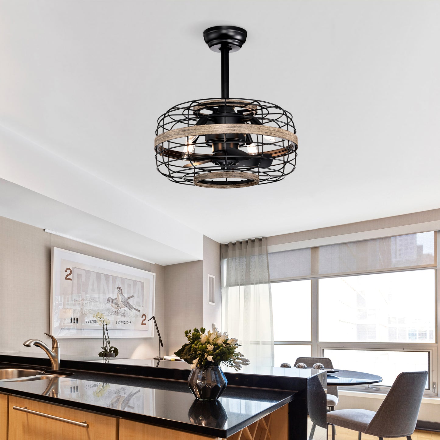 18'' Farmhouse Ceiling Fans Light - Caged Ceiling Fan with Remote Control (3-Speeds Adjustable), Wood Rustic Enclosed Reversible Ceiling Fans for Bedroom , Living Room, Kitchen.