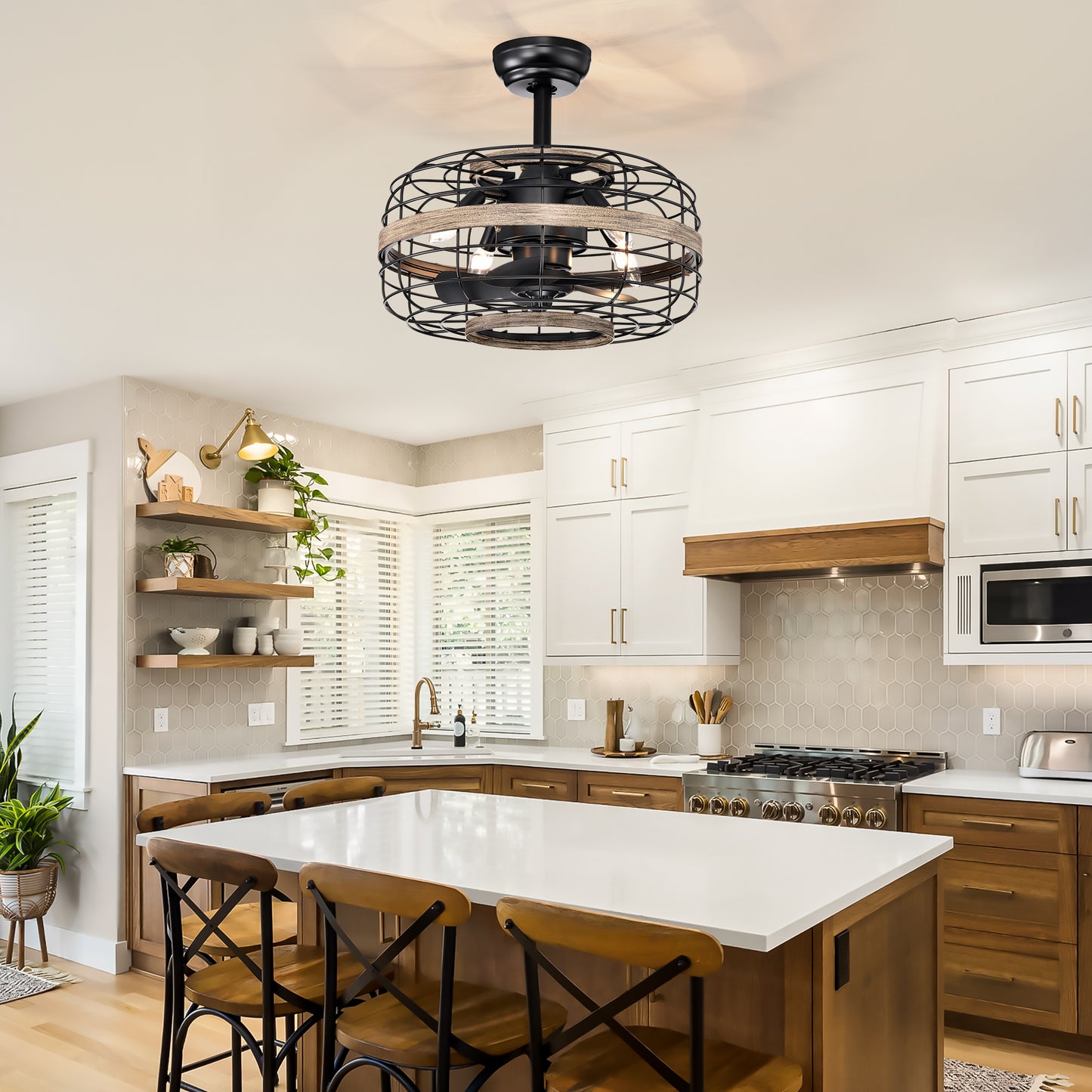 18'' Farmhouse Ceiling Fans Light - Caged Ceiling Fan with Remote Control (3-Speeds Adjustable), Wood Rustic Enclosed Reversible Ceiling Fans for Bedroom , Living Room, Kitchen.