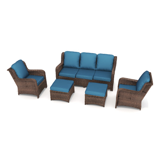 Patio Furniture Set Rattan Outdoor Sectional Conversation Sets 3-Seat Outdoor Couch,2 Single Chair and 2 Ottoman for Lawn, Balcony, Garden, Backyard (Bron-Peacock Blue, Set of 5)