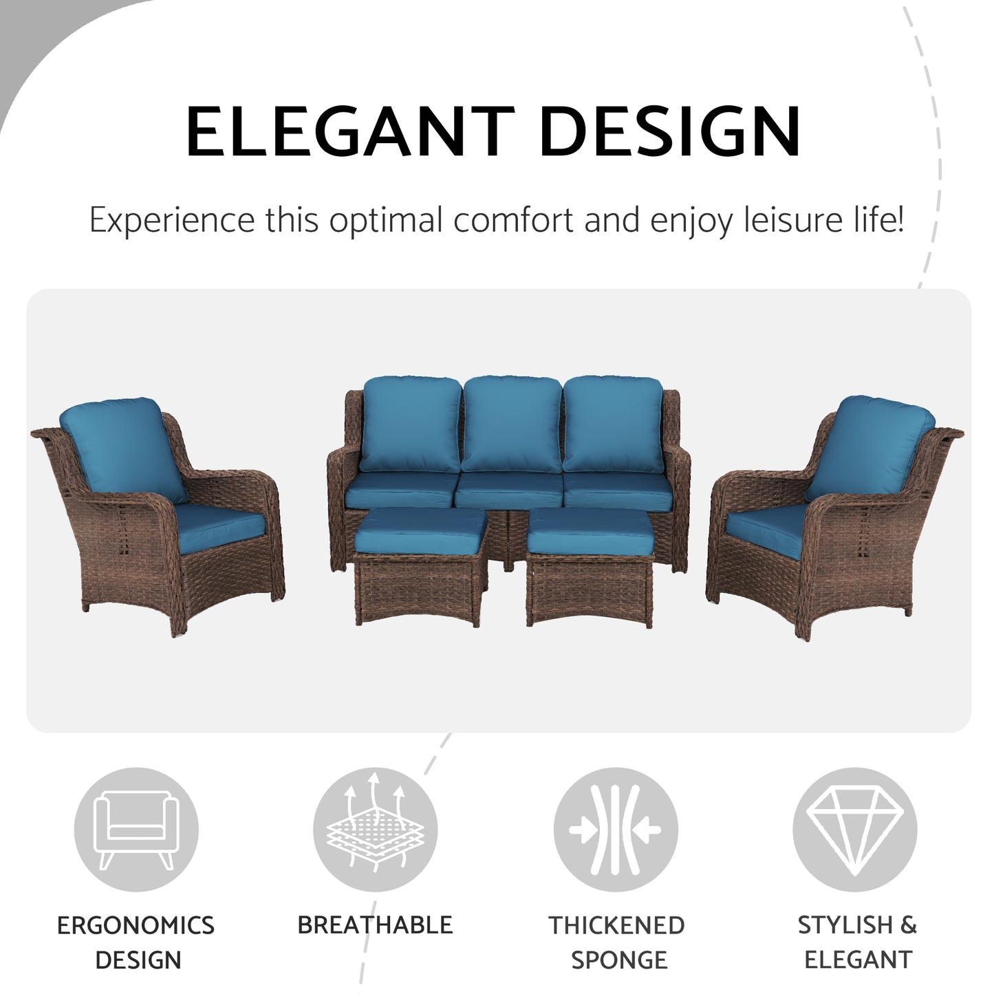 Patio Furniture Set Rattan Outdoor Sectional Conversation Sets 3-Seat Outdoor Couch,2 Single Chair and 2 Ottoman for Lawn, Balcony, Garden, Backyard (Bron-Peacock Blue, Set of 5)