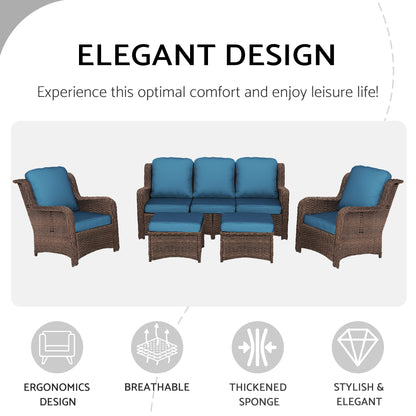 Patio Furniture Set Rattan Outdoor Sectional Conversation Sets 3-Seat Outdoor Couch,2 Single Chair and 2 Ottoman for Lawn, Balcony, Garden, Backyard (Bron-Peacock Blue, Set of 5)