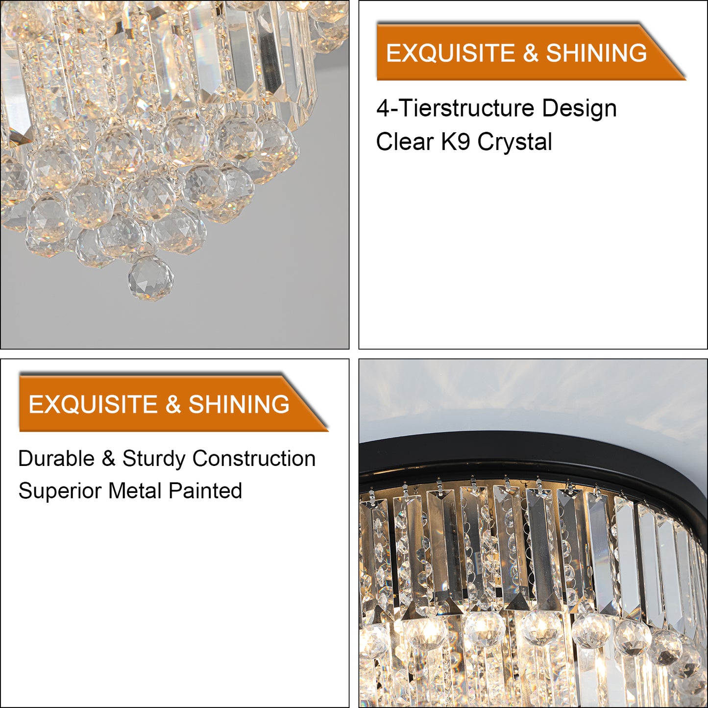 20" Luxury Crystal Flush Mount Ceiling Light with Black Finish – Elegant 6-Light Chandelier for Living Room, Dining Room, or Bedroom (Bulb Not Included)