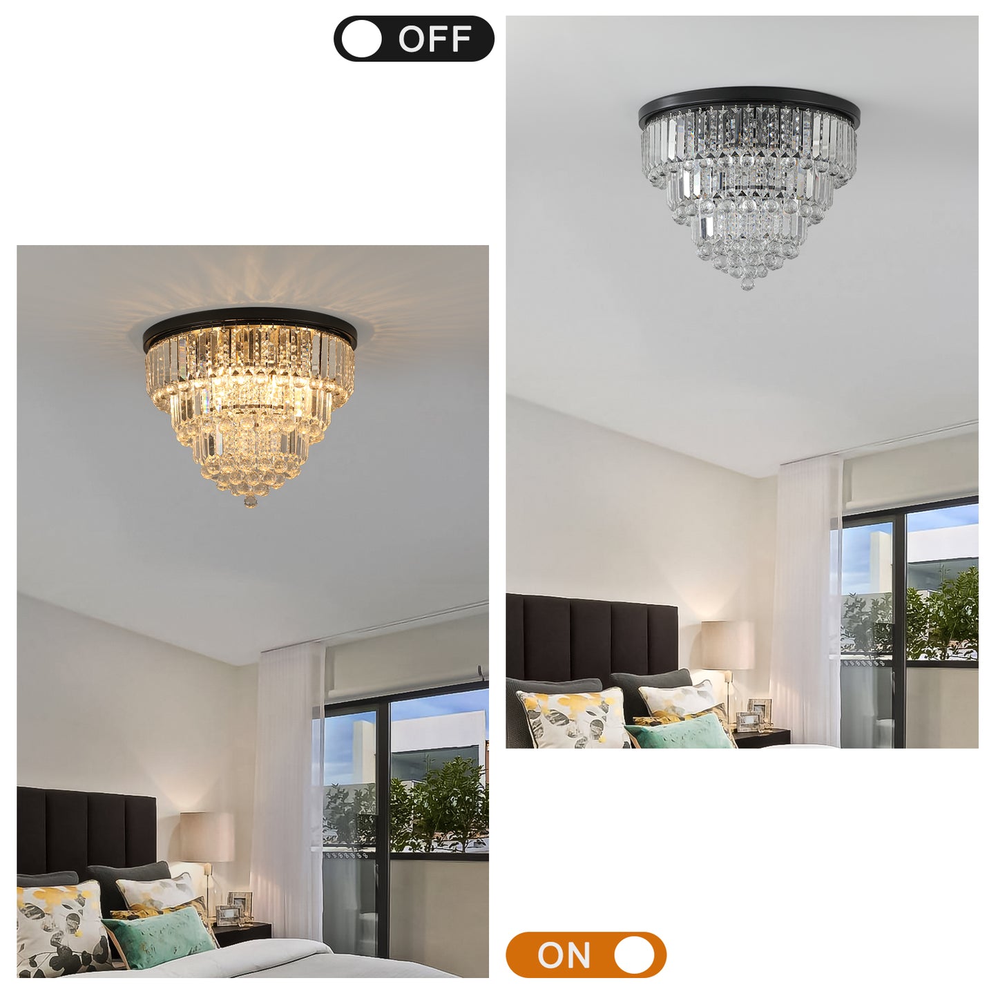 20" Luxury Crystal Flush Mount Ceiling Light with Black Finish – Elegant 6-Light Chandelier for Living Room, Dining Room, or Bedroom (Bulb Not Included)