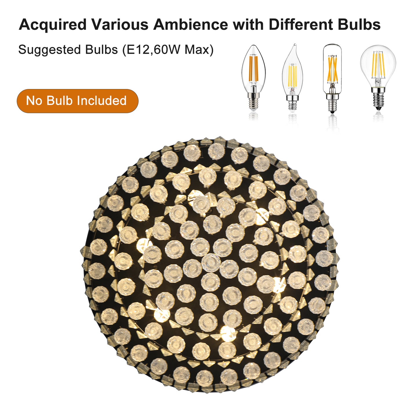 20" Luxury Crystal Flush Mount Ceiling Light with Black Finish – Elegant 6-Light Chandelier for Living Room, Dining Room, or Bedroom (Bulb Not Included)