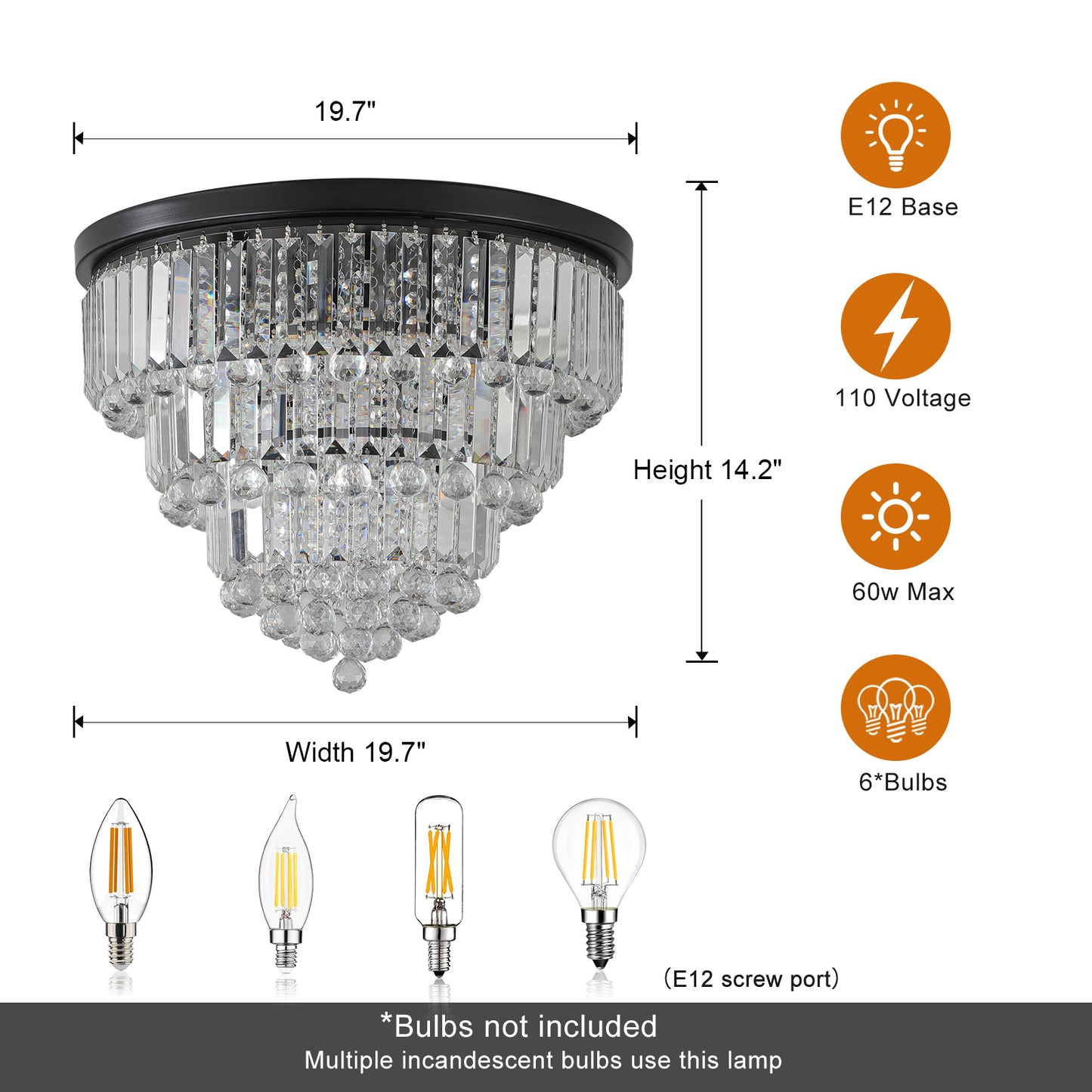 20" Luxury Crystal Flush Mount Ceiling Light with Black Finish – Elegant 6-Light Chandelier for Living Room, Dining Room, or Bedroom (Bulb Not Included)