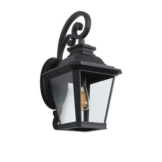 21"(H) 1-Pack Outdoor Wall Lantern Light – Vintage Black Metal & Clear Glass Sconce with Decorative Scroll Design for Porch, Patio, and Garden Lighting (Bulb Not Included)