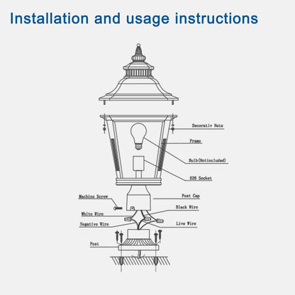 21"(H) 1-Pack Outdoor Post Lantern Light – Vintage Black Metal & Clear Glass Pillar Lamp for Garden, Gate, Driveway, and Pathway Lighting with Elegant Design (Bulb Not Included)