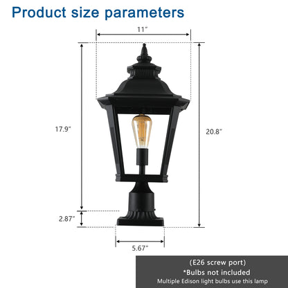 21"(H) 1-Pack Outdoor Post Lantern Light – Vintage Black Metal & Clear Glass Pillar Lamp for Garden, Gate, Driveway, and Pathway Lighting with Elegant Design (Bulb Not Included)