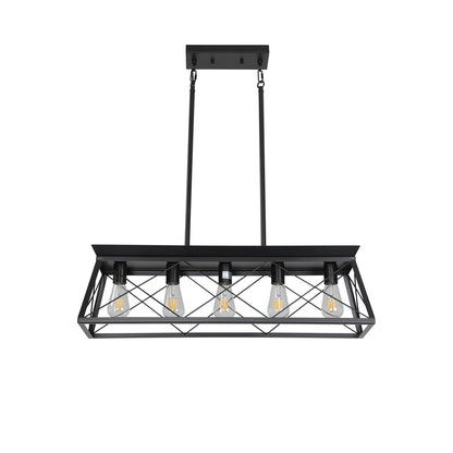 5-Light Farmhouse Chandeliers for Dining Room, Metal Rustic Pendant Island Light Fixture, Modern Rectangular Island Lights for Kitchen, Living Room Pure black