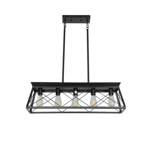 5-Light Farmhouse Chandeliers for Dining Room, Metal Rustic Pendant Island Light Fixture, Modern Rectangular Island Lights for Kitchen, Living Room Pure black