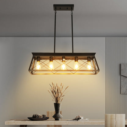 5-Light Farmhouse Chandeliers for Dining Room, Metal Rustic Pendant Island Light Fixture, Modern Rectangular Island Lights for Kitchen, Living Room Pure black