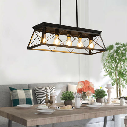 5-Light Farmhouse Chandeliers for Dining Room, Metal Rustic Pendant Island Light Fixture, Modern Rectangular Island Lights for Kitchen, Living Room Pure black