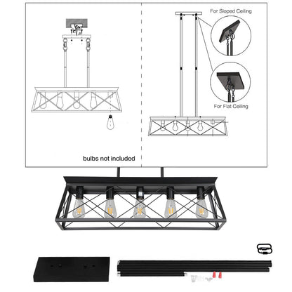5-Light Farmhouse Chandeliers for Dining Room, Metal Rustic Pendant Island Light Fixture, Modern Rectangular Island Lights for Kitchen, Living Room Pure black