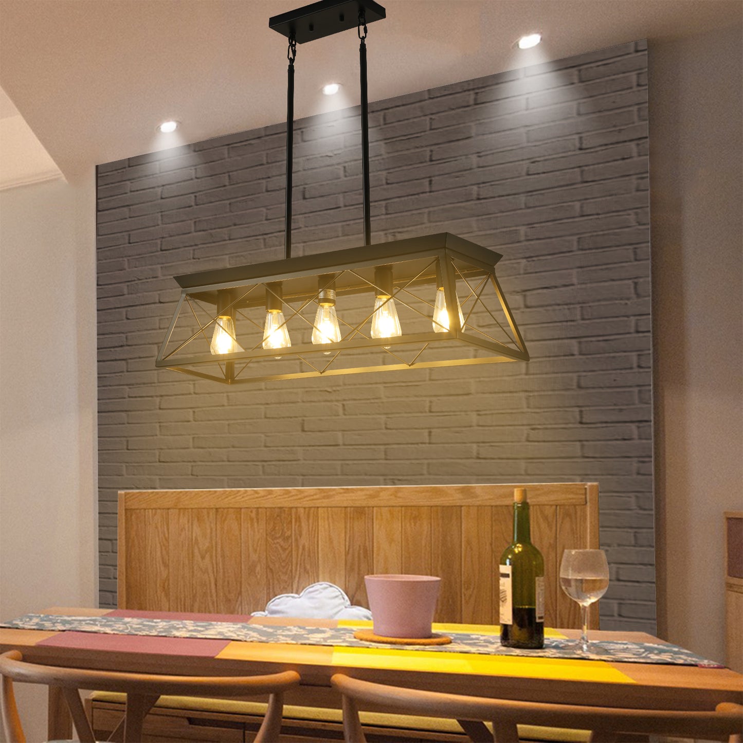 5-Light Farmhouse Chandeliers for Dining Room, Metal Rustic Pendant Island Light Fixture, Modern Rectangular Island Lights for Kitchen, Living Room Pure black
