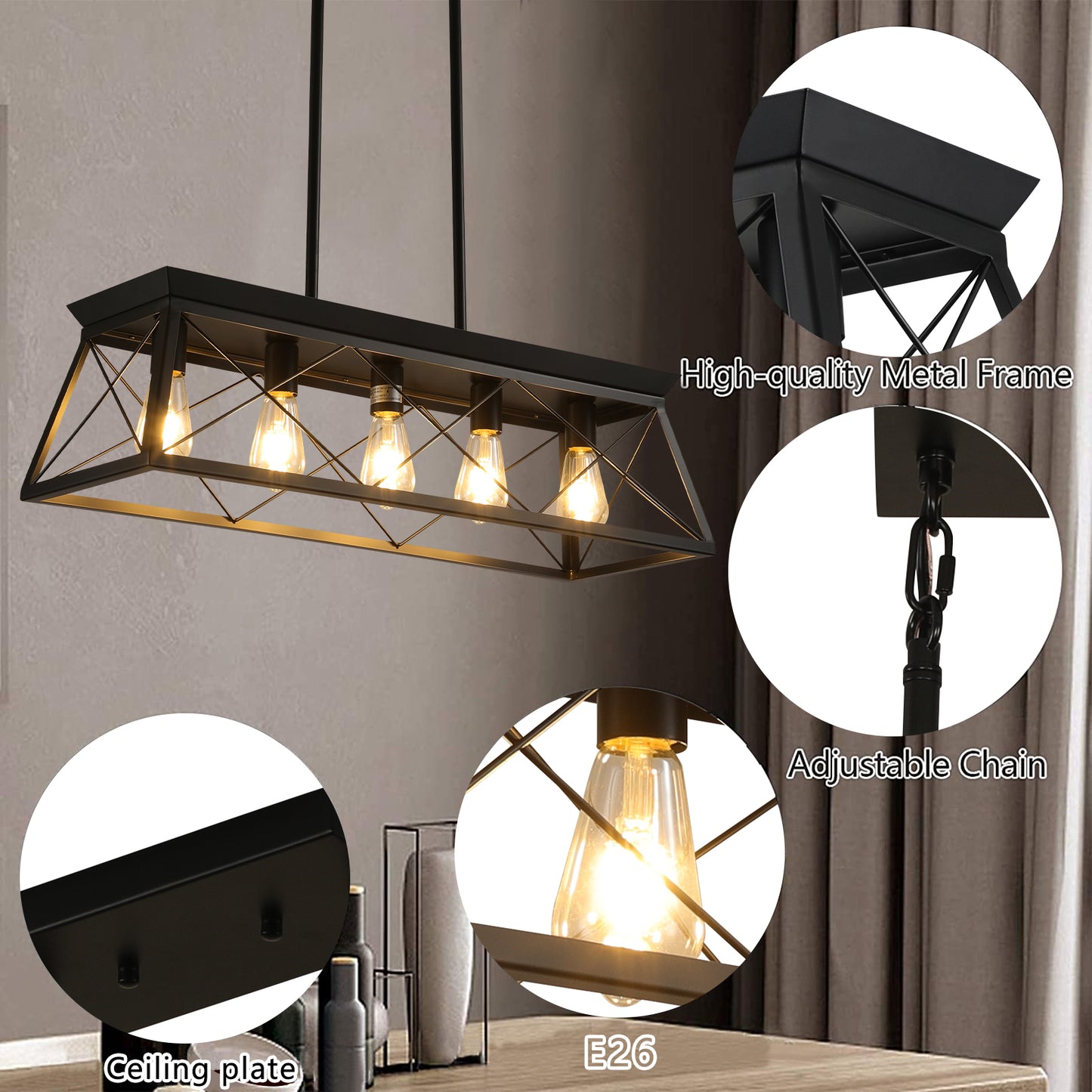 5-Light Farmhouse Chandeliers for Dining Room, Metal Rustic Pendant Island Light Fixture, Modern Rectangular Island Lights for Kitchen, Living Room Pure black