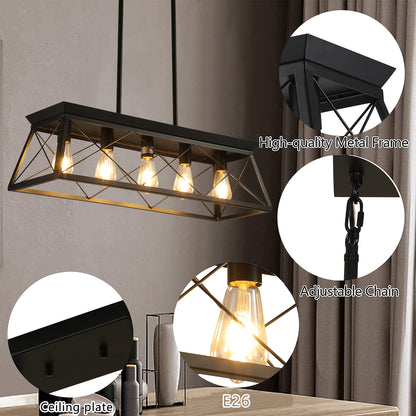 5-Light Farmhouse Chandeliers for Dining Room, Metal Rustic Pendant Island Light Fixture, Modern Rectangular Island Lights for Kitchen, Living Room Pure black