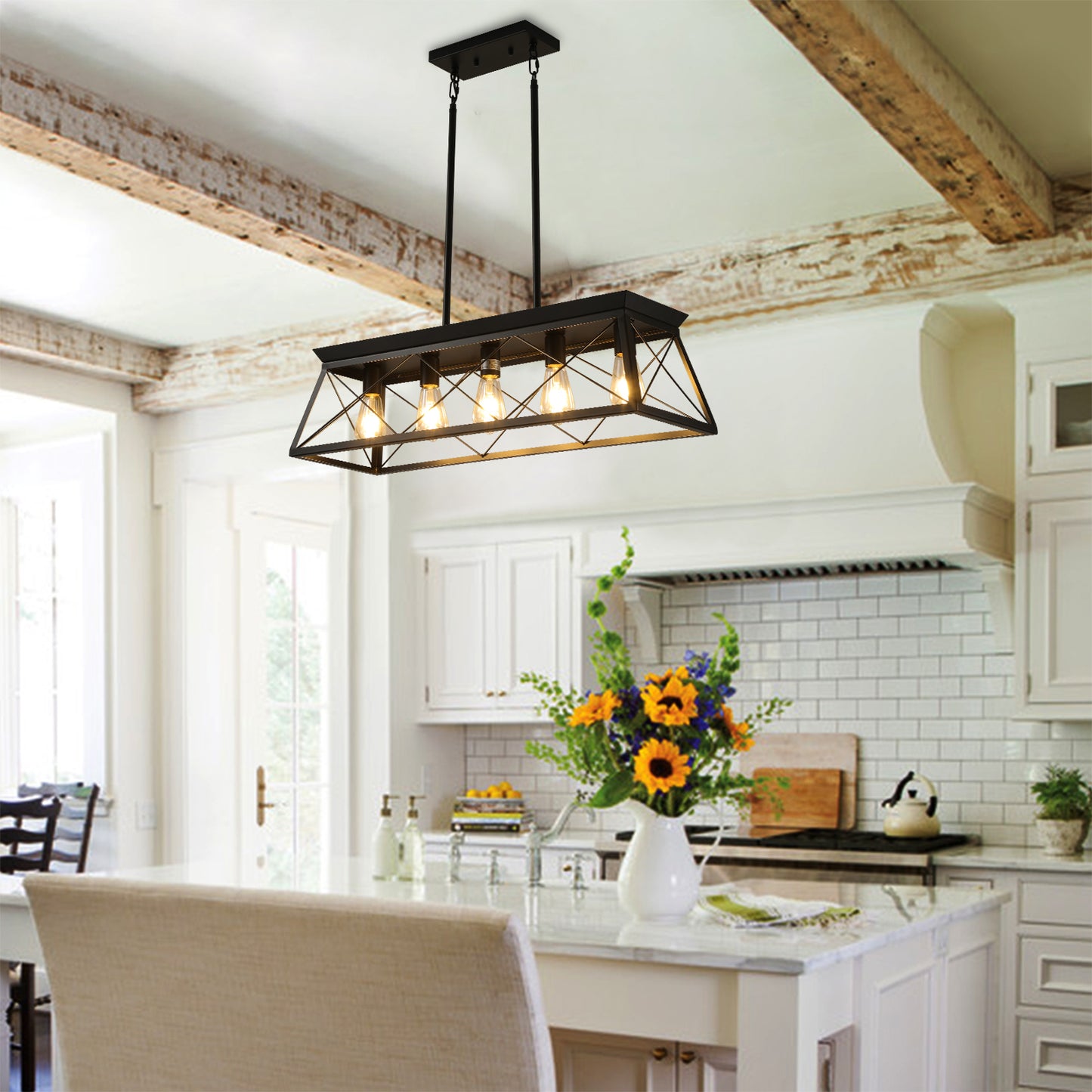 5-Light Farmhouse Chandeliers for Dining Room, Metal Rustic Pendant Island Light Fixture, Modern Rectangular Island Lights for Kitchen, Living Room Pure black