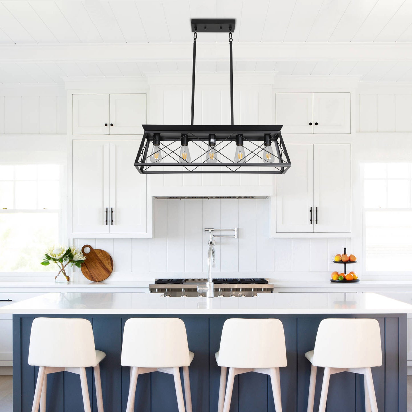 5-Light Farmhouse Chandeliers for Dining Room, Metal Rustic Pendant Island Light Fixture, Modern Rectangular Island Lights for Kitchen, Living Room Pure black