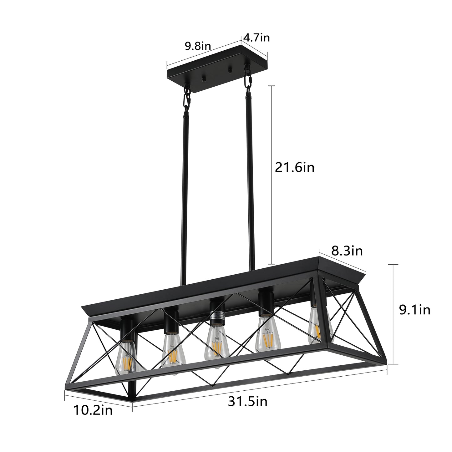 5-Light Farmhouse Chandeliers for Dining Room, Metal Rustic Pendant Island Light Fixture, Modern Rectangular Island Lights for Kitchen, Living Room Pure black