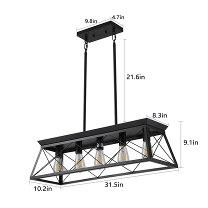 5-Light Farmhouse Chandeliers for Dining Room, Metal Rustic Pendant Island Light Fixture, Modern Rectangular Island Lights for Kitchen, Living Room Pure black