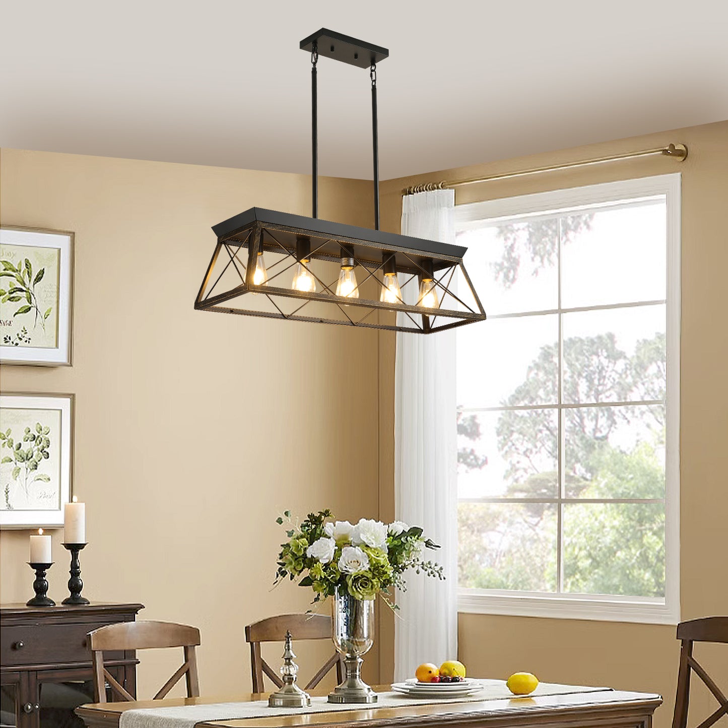 5-Light Farmhouse Chandeliers for Dining Room, Metal Rustic Pendant Island Light Fixture, Modern Rectangular Island Lights for Kitchen, Living Room Black gold(No Bulbs)