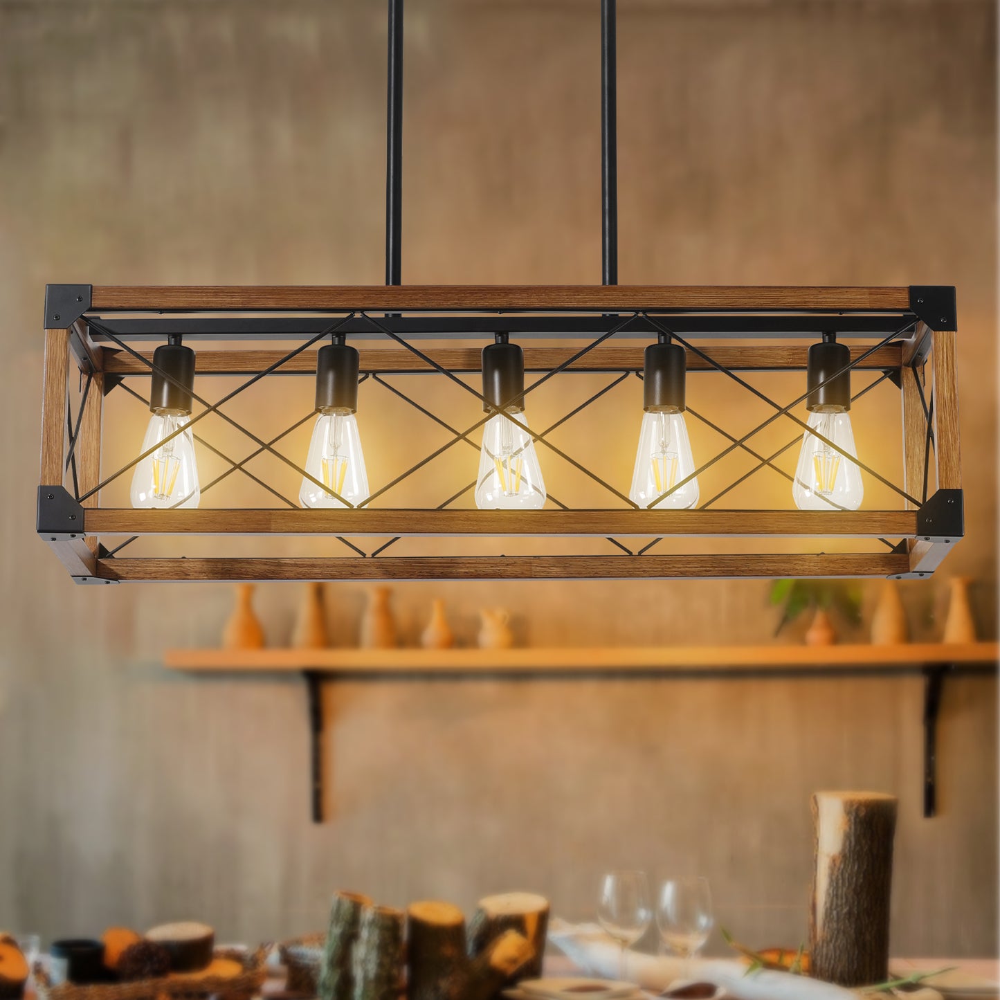 5-Light Retro Farmhouse Chandelier For Kitchen, Living room, Dining room Walnut