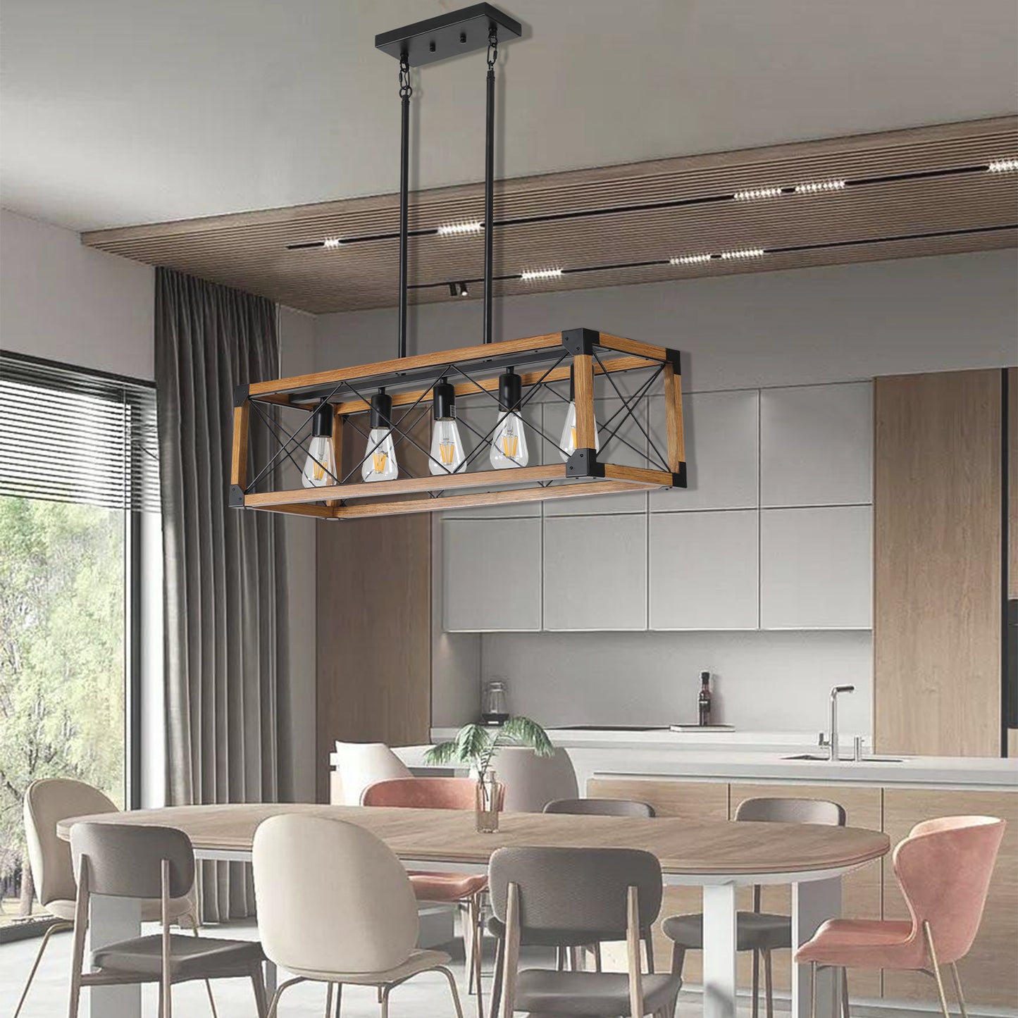 5-Light Retro Farmhouse Chandelier For Kitchen, Living room, Dining room Walnut
