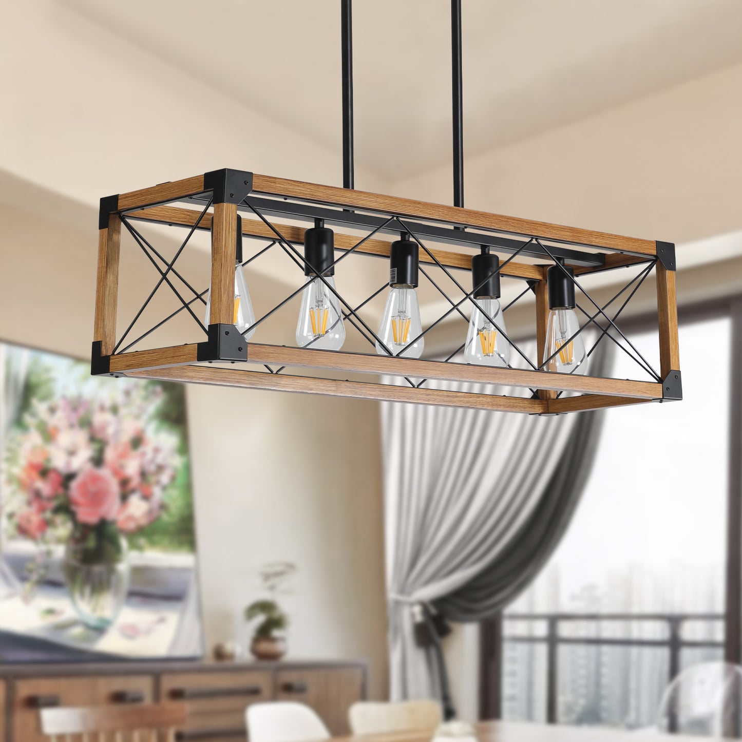 5-Light Retro Farmhouse Chandelier For Kitchen, Living room, Dining room Walnut