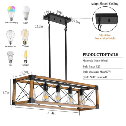 5-Light Retro Farmhouse Chandelier For Kitchen, Living room, Dining room Walnut