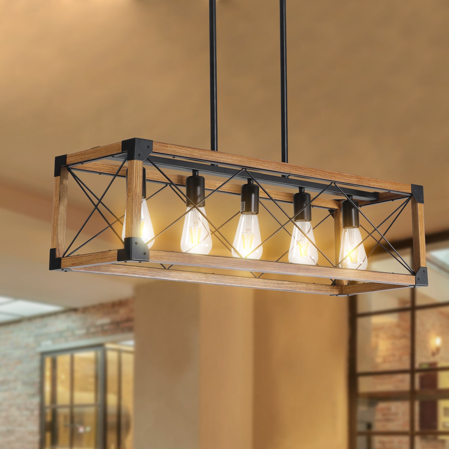 5-Light Retro Farmhouse Chandelier For Kitchen, Living room, Dining room Walnut
