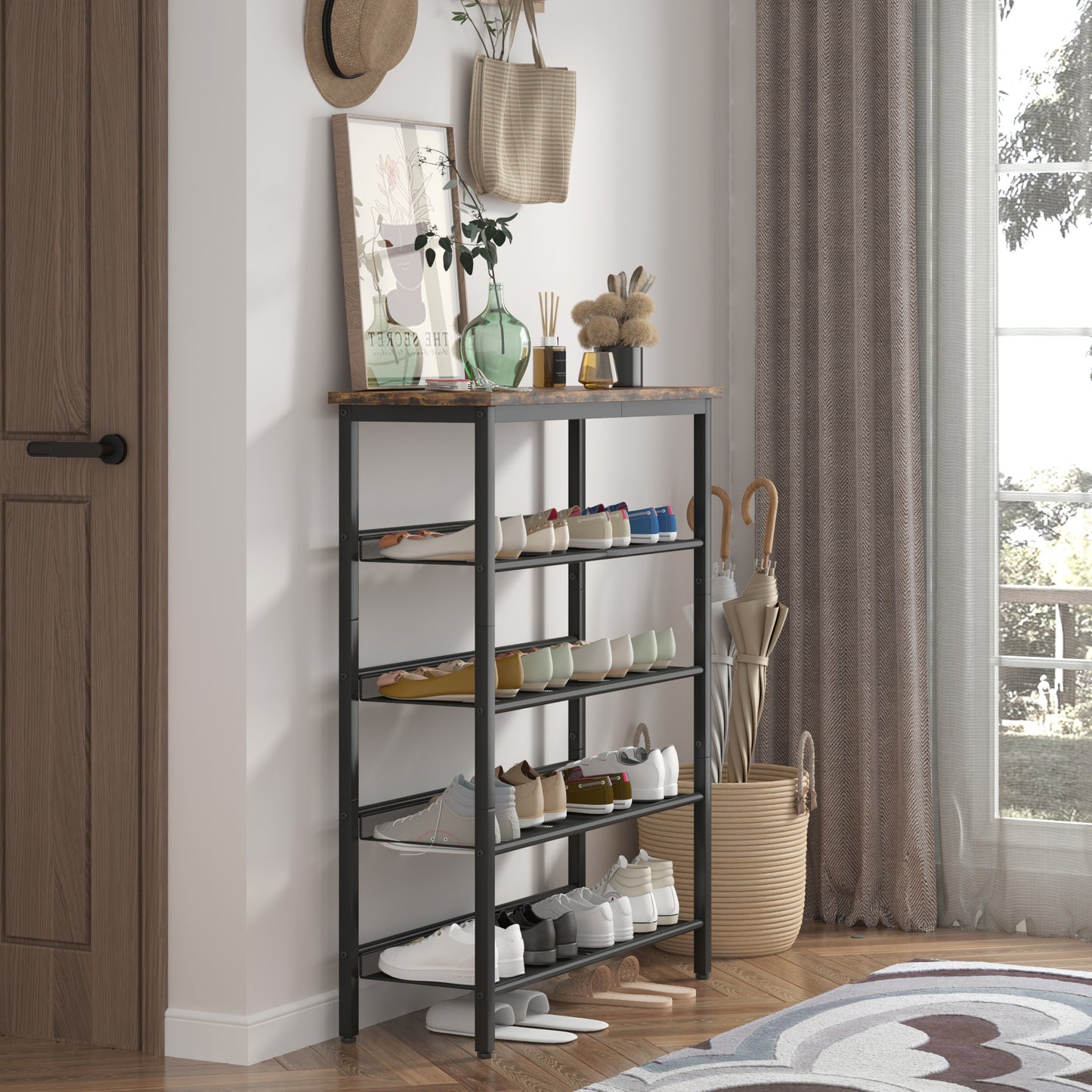 Industrial shoe rack, adjustable country style 5-layer shoe rack storage rack, with 4 mesh shelves, suitable for entrance, living room, bedroom and porch