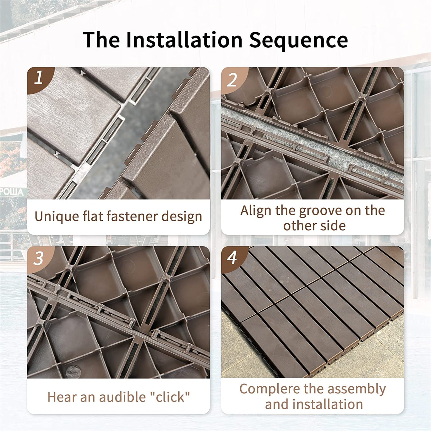 Patio Interlocking Deck Tiles, 12"x12" Square Composite Decking Tiles, Four Slat Plastic Outdoor Flooring Tile All Weather for Balcony Porch Backyard (Dark Brown, Pack of 9)