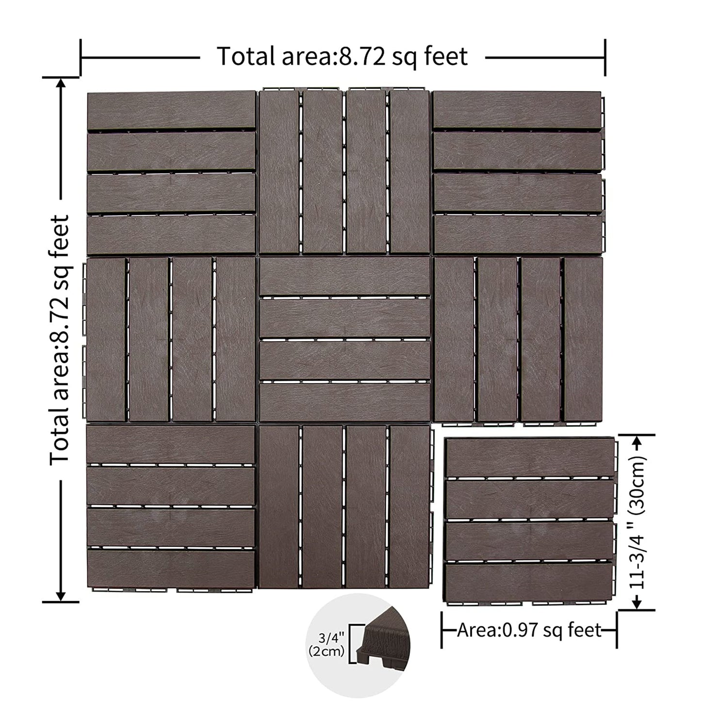 Patio Interlocking Deck Tiles, 12"x12" Square Composite Decking Tiles, Four Slat Plastic Outdoor Flooring Tile All Weather for Balcony Porch Backyard (Dark Brown, Pack of 9)