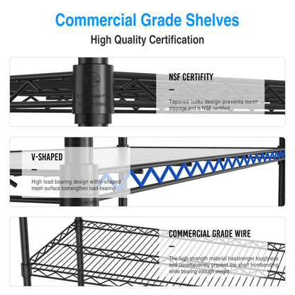 6 Tier Wire Shelving Unit, 6000 LBS NSF Height Adjustable Metal Garage Storage Shelves with Wheels, Heavy Duty Storage Wire Rack Metal Shelves - Black - 186082