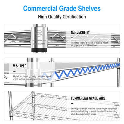 6 Tier Wire Shelving Unit, 6000 LBS NSF Height Adjustable Metal Garage Storage Shelves with Wheels, Heavy Duty Storage Wire Rack Metal Shelves - Chrome