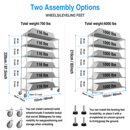 6 Tier Wire Shelving Unit, 6000 LBS NSF Height Adjustable Metal Garage Storage Shelves with Wheels, Heavy Duty Storage Wire Rack Metal Shelves - Chrome