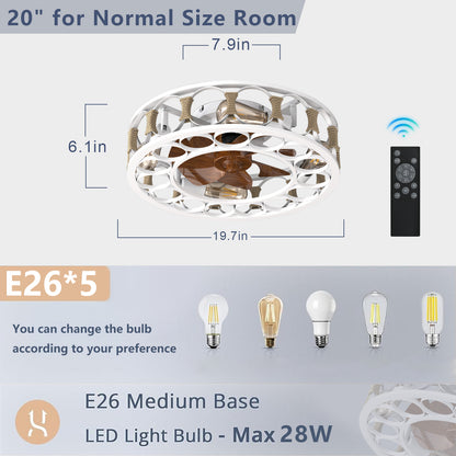 Caged Ceiling Fan with Lights Remote Control,Semi -embedded Modern Ceiling fans, 6 Speeds Reversible Blades, 4 LED Bulbs Include(White)