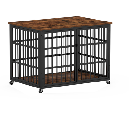 Furniture style dog crate wrought iron frame door with side openings, Rustic Brown, 43.3''W x 29.9''D x 33.5''H.