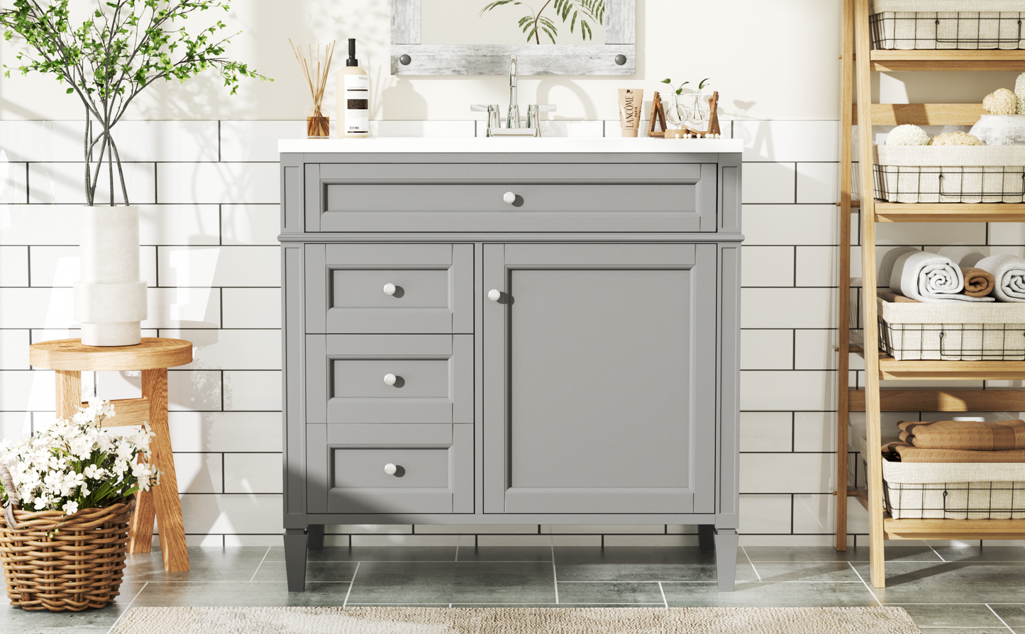 36'' Bathroom Vanity with Top Sink, Modern Bathroom Storage Cabinet with 2 Drawers and a Tip-out Drawer, Single Sink Bathroom Vanity