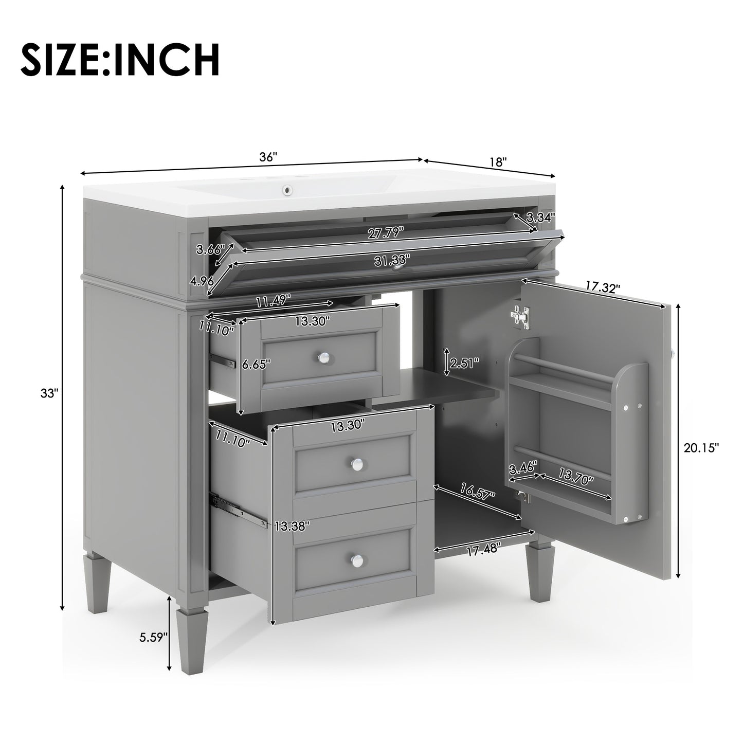 36'' Bathroom Vanity with Top Sink, Modern Bathroom Storage Cabinet with 2 Drawers and a Tip-out Drawer, Single Sink Bathroom Vanity