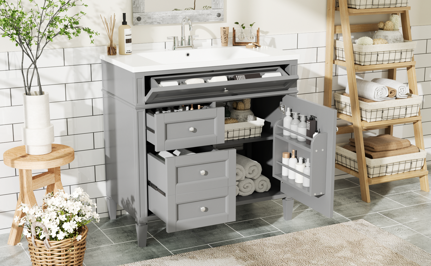 36'' Bathroom Vanity with Top Sink, Modern Bathroom Storage Cabinet with 2 Drawers and a Tip-out Drawer, Single Sink Bathroom Vanity